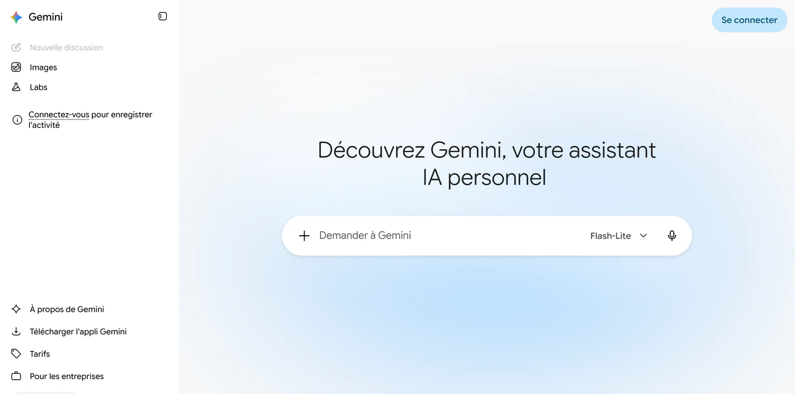 Page d’accueil de Gemini sans compte, avec la zone de saisie Demander à Gemini