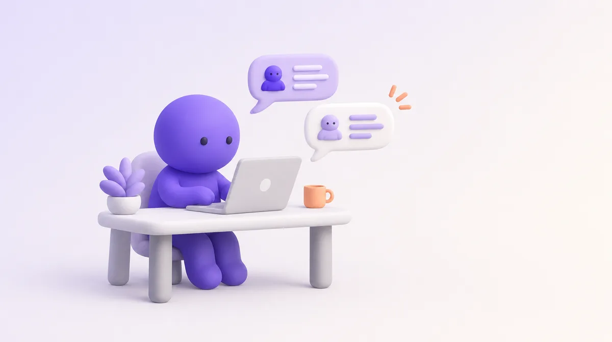 Un petit personnage tape sur son ordinateur ; des bulles de conversation montent de l’écran, une question puis une réponse.