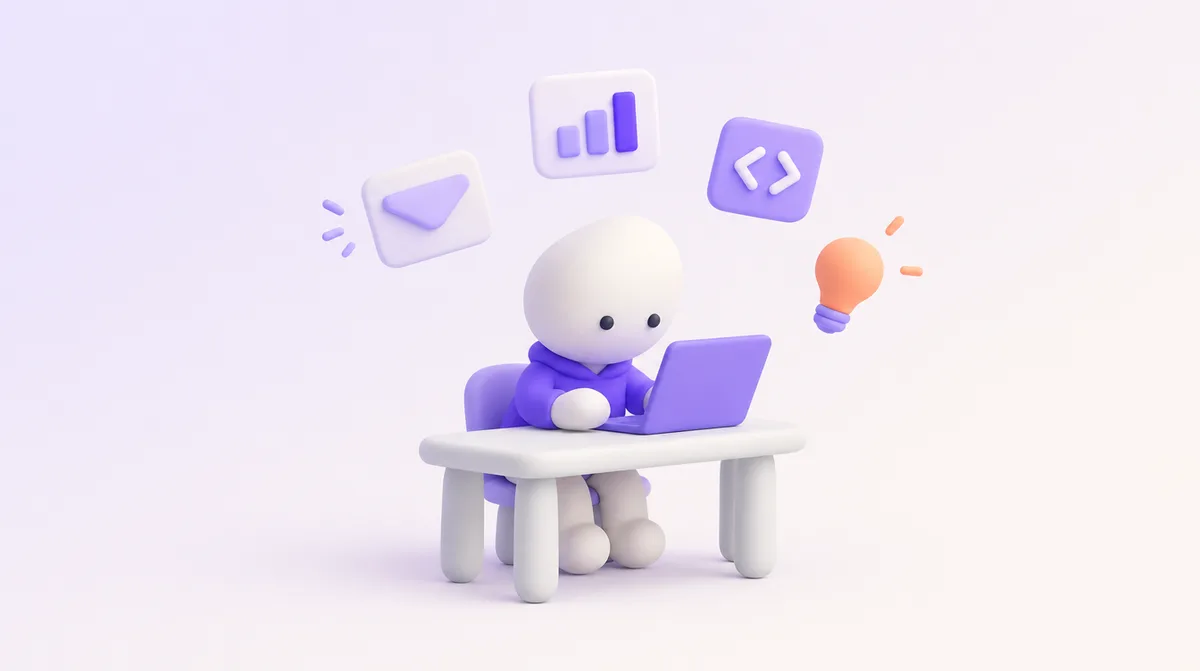 Un petit personnage à son bureau, entouré de ce que l’IA l’aide à faire : un courrier, un graphique, du code, une idée.
