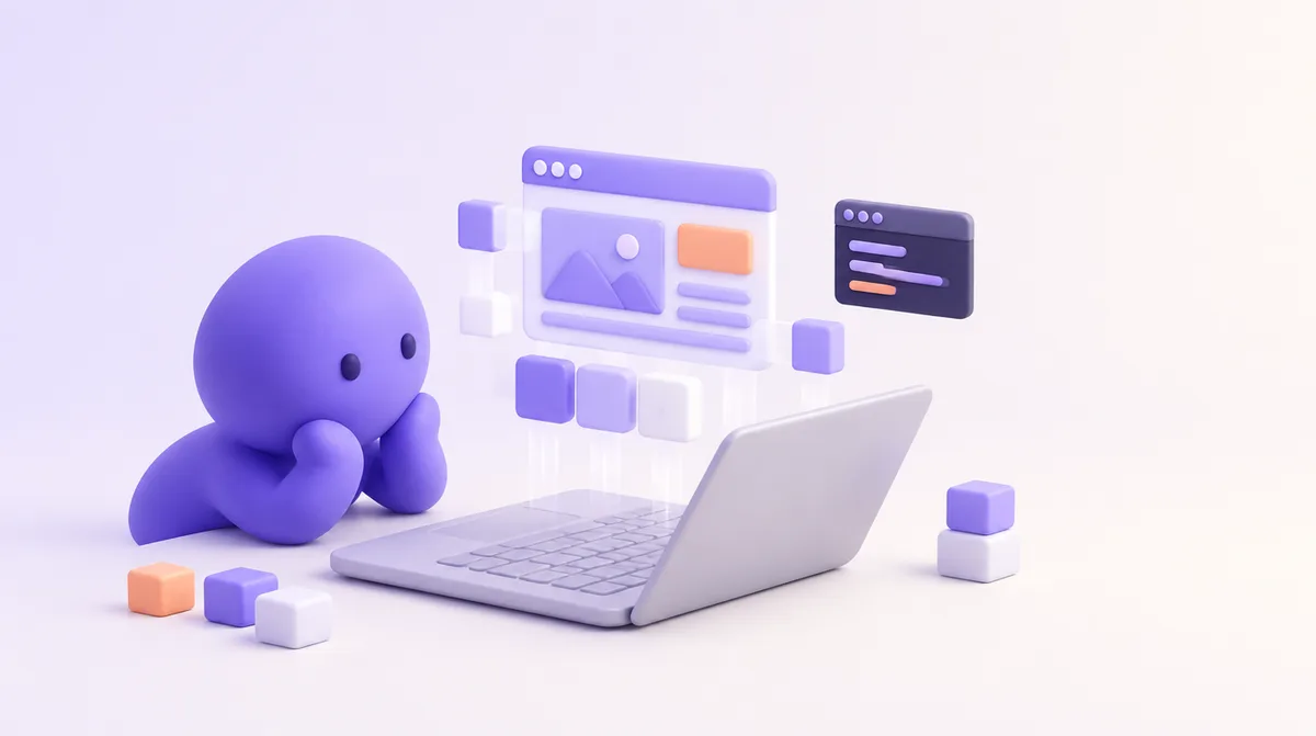 Un petit personnage regarde son ordinateur pendant que des blocs s’assemblent tout seuls en une petite page de site, une fenêtre de terminal à côté.
