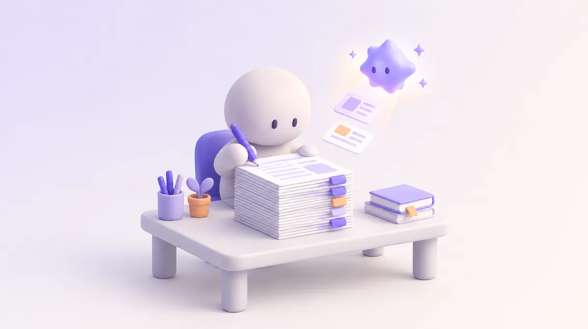 Un petit personnage écrit un long document bien structuré à son bureau, aidé par un petit assistant lumineux qui lui suggère des améliorations.
