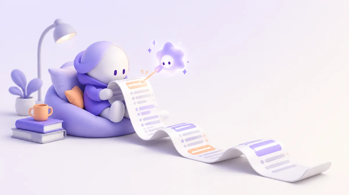 Un petit personnage lit un très long rouleau de papier dans un coin lecture, aidé par un petit assistant lumineux qui montre les passages clés.