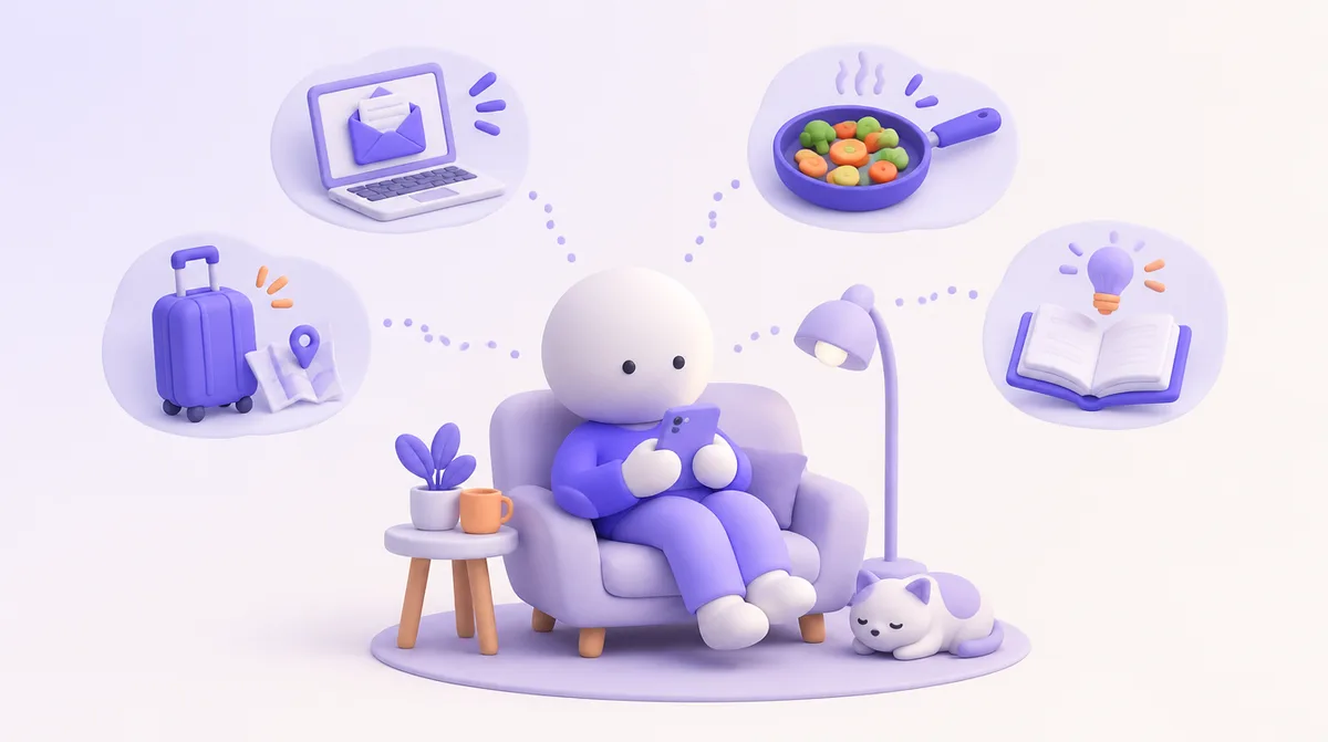 Un petit personnage dans son fauteuil, téléphone en main, entouré de quatre usages de l’IA reliés par des pointillés : écrire un mail, trouver une idée de repas, préparer un voyage, apprendre.