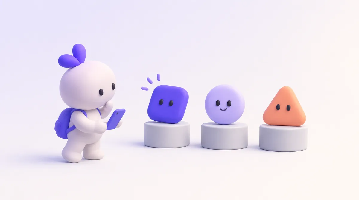 Un petit personnage curieux, téléphone en main, s’apprête à essayer trois petites applications posées sur des socles.