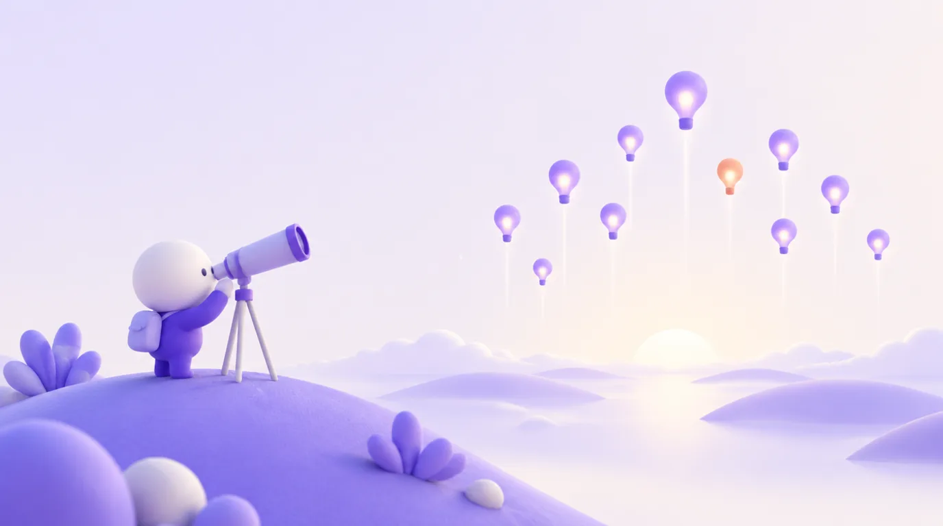 Tendances IA 2026 : un personnage observe à la longue-vue dix petits ballons lumineux à l’horizon