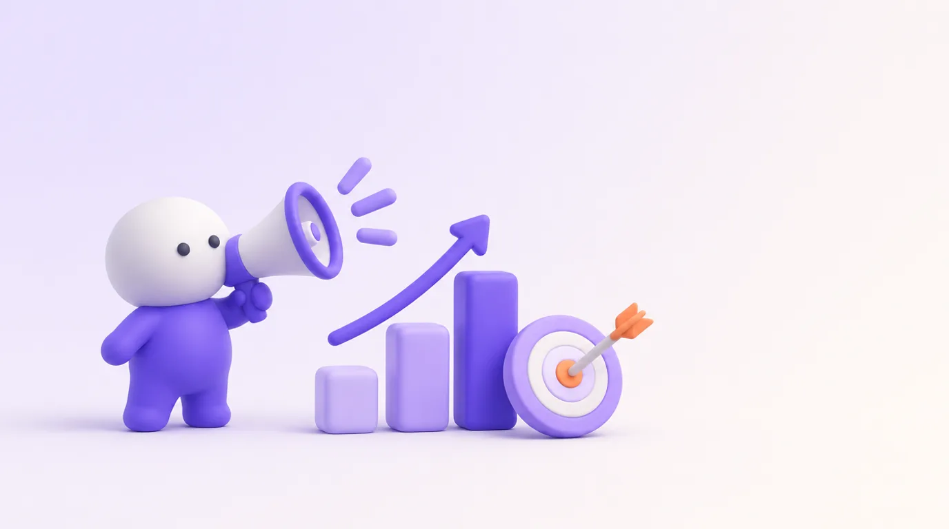 Prompts ChatGPT marketing : un personnage au mégaphone, une courbe qui monte et une cible touchée