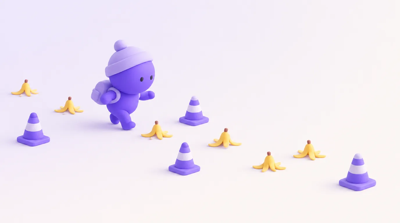 Erreurs à éviter avec l’IA : un personnage avance prudemment entre des peaux de banane et des plots