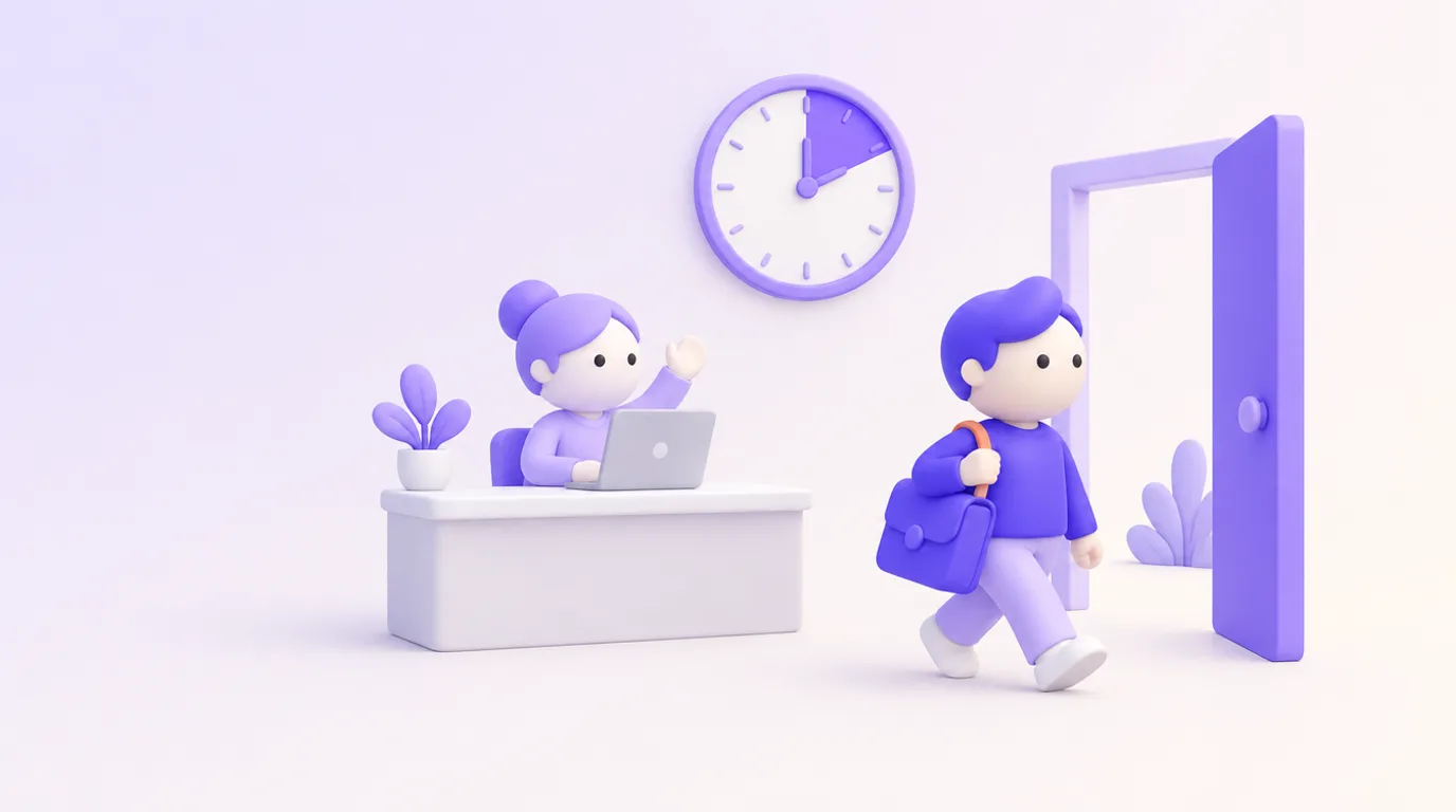 Gagner du temps au travail avec l’IA : un personnage quitte le bureau plus tôt, une heure gagnée à l’horloge