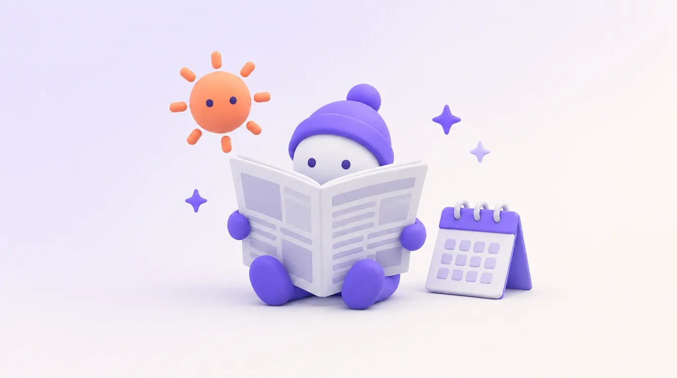 Actu IA de juin 2026 : un personnage lit le journal de l’IA sous le soleil, une page de calendrier à côté