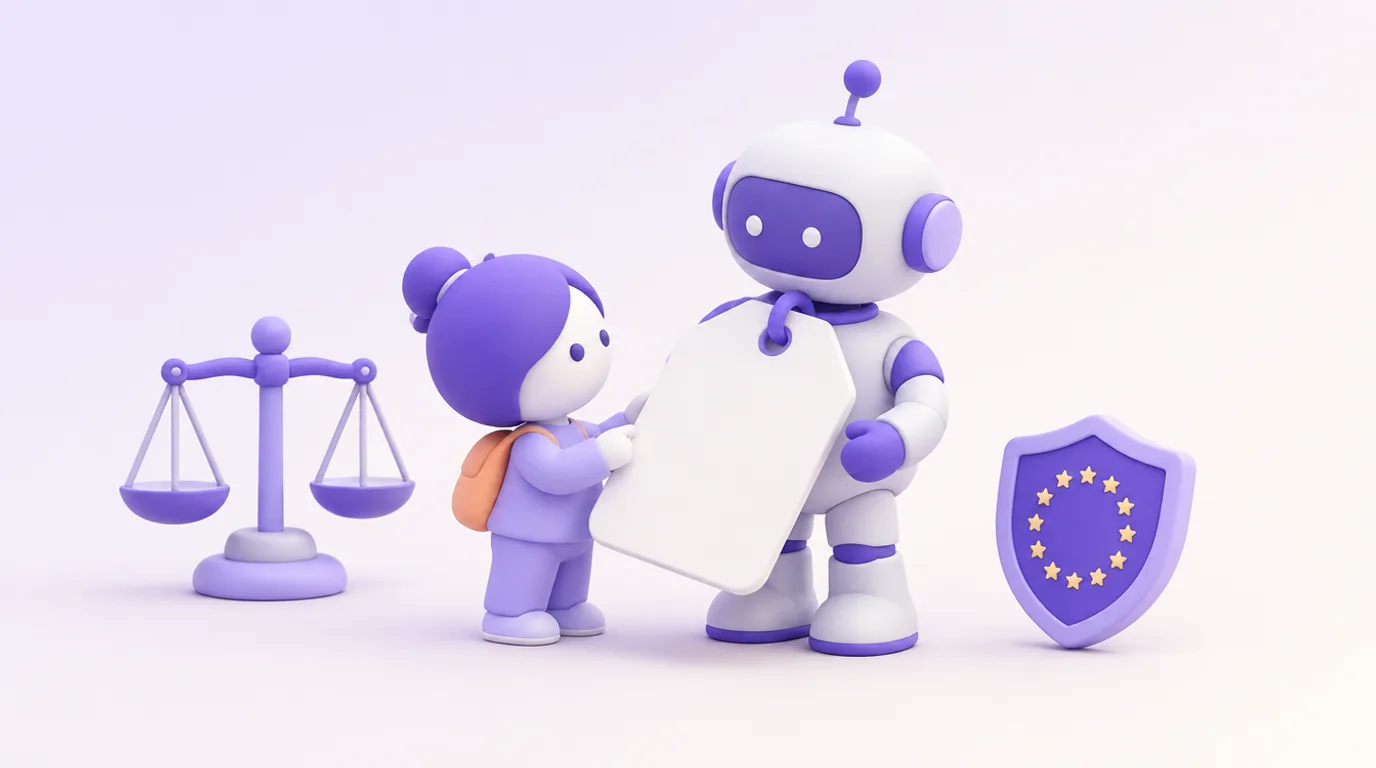 AI Act et transparence : un personnage lit l’étiquette accrochée à un robot, une balance de justice à côté