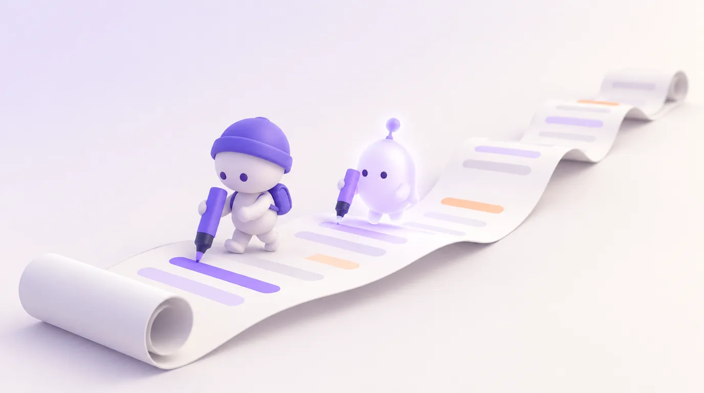 Analyser un long document avec Claude : un personnage et l’assistant parcourent un très long rouleau