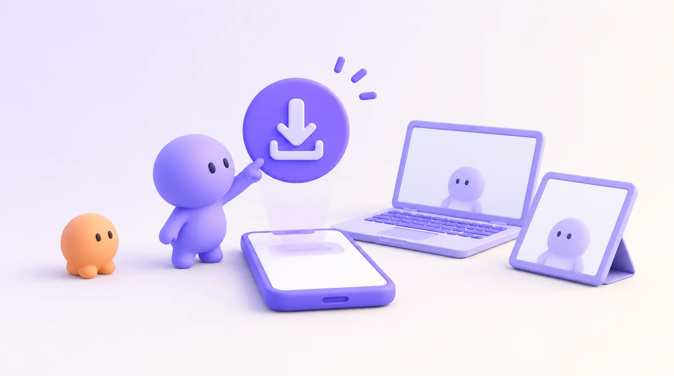 Installer l’application ChatGPT : un personnage télécharge l’app, téléphone, ordinateur et tablette à côté