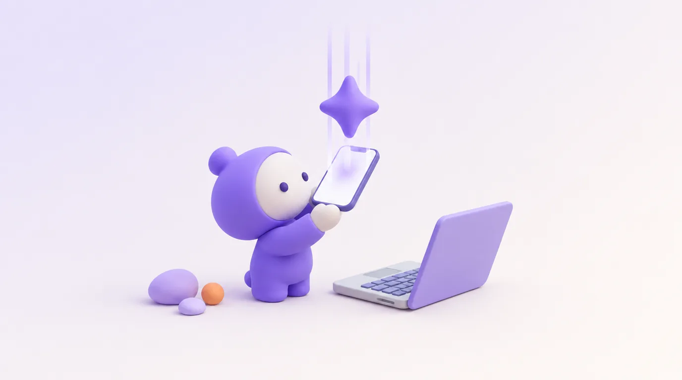 Activer Gemini sur téléphone et Mac : une étoile descend dans l’écran du téléphone, un ordinateur ouvert à côté