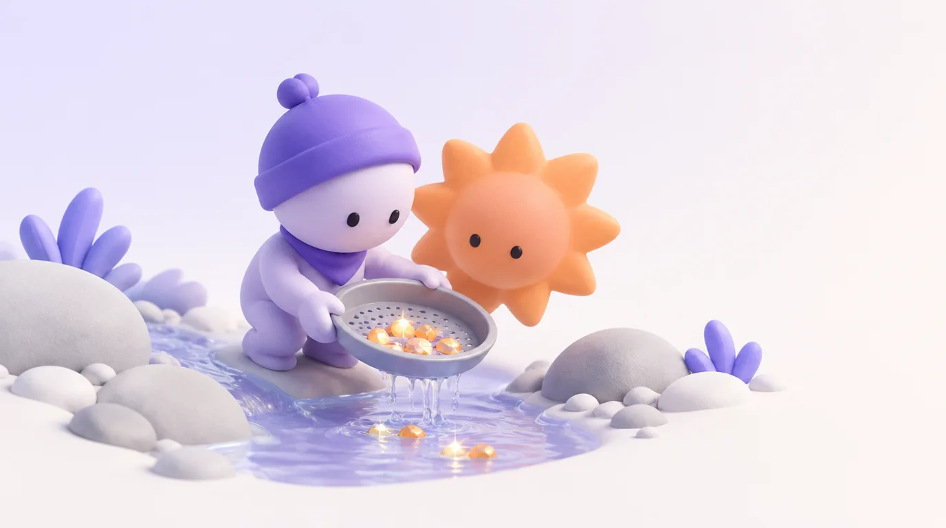 Astuces Claude : un personnage trouve des pépites au tamis, l’assistant en forme de soleil à côté