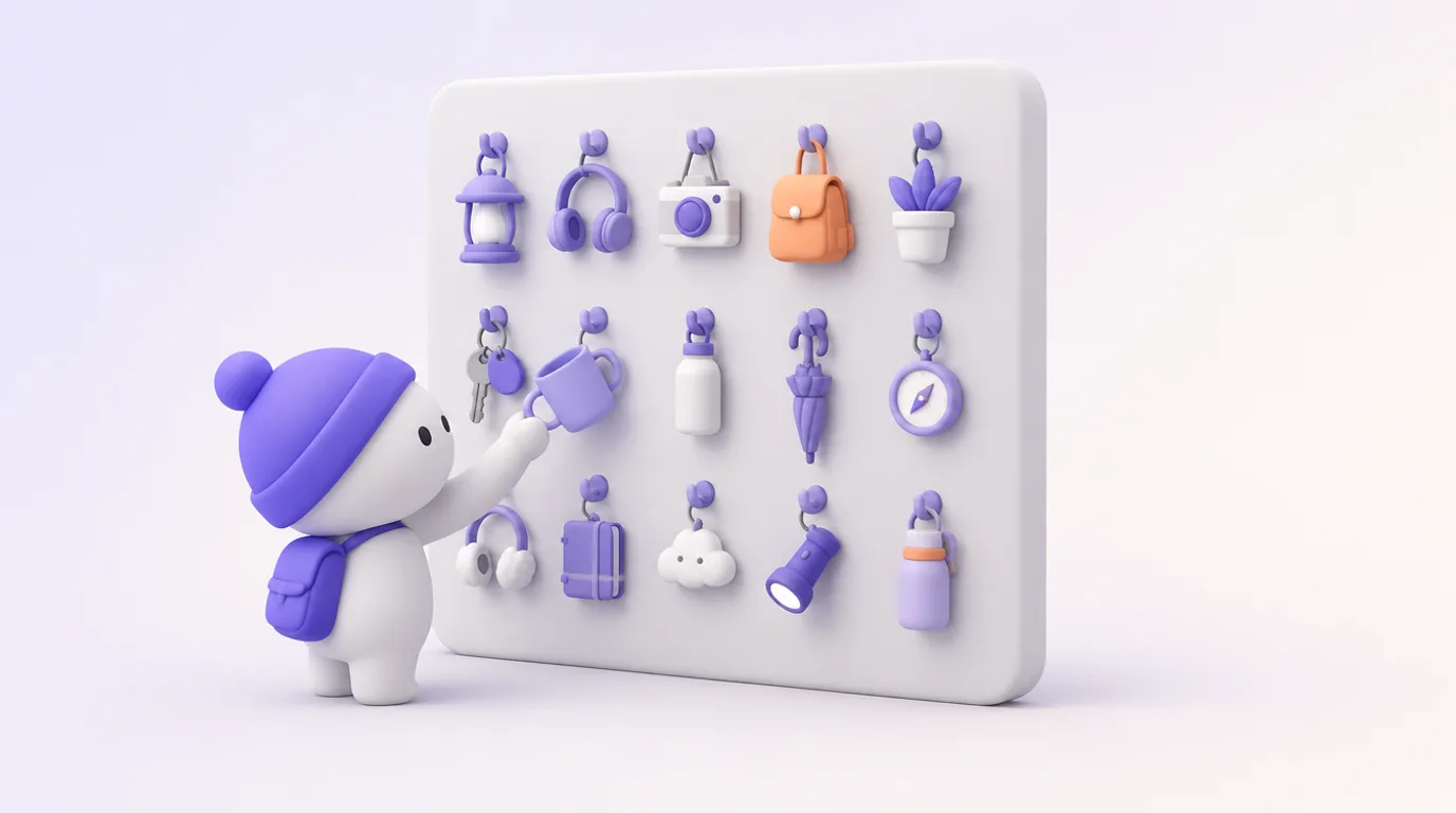 Usages concrets de ChatGPT : un personnage choisit un outil sur un grand mur de quinze objets