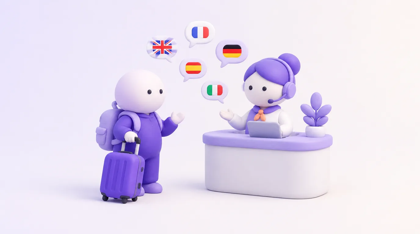 Apprendre une langue avec ChatGPT : un personnage valise en main converse avec l’assistant