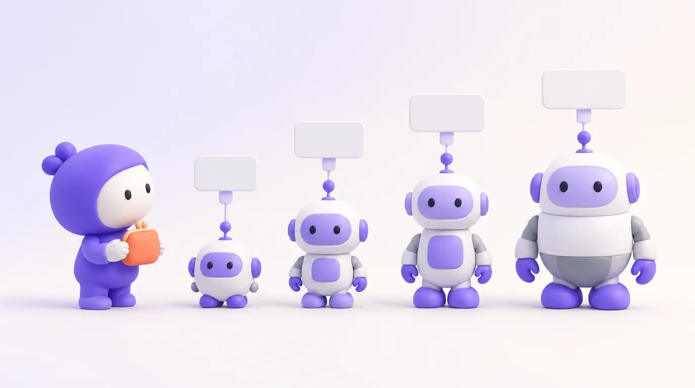 Prix de Claude Code : un personnage compare quatre formules au-dessus de quatre petits robots