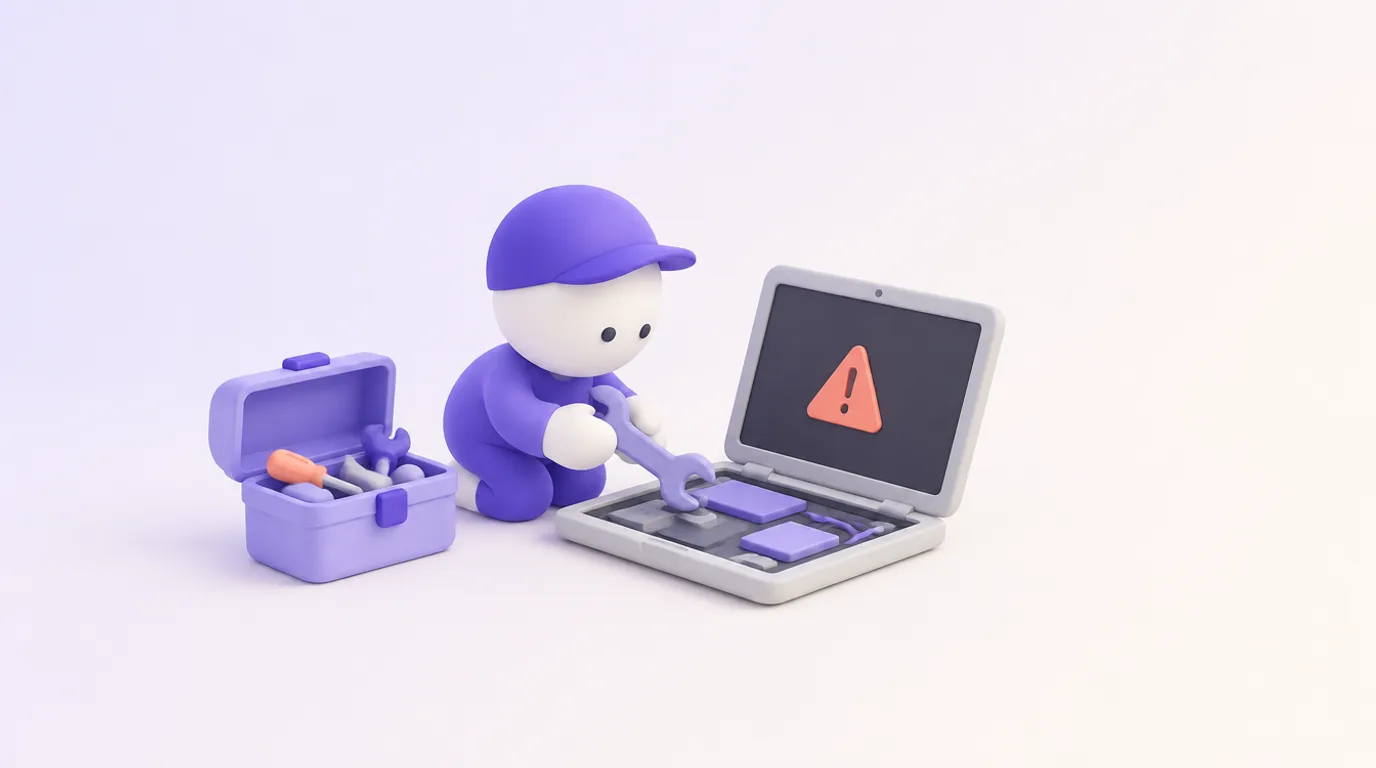 Erreur Claude Code « code 1 » : un personnage répare l’ordinateur clé en main, un triangle d’alerte à l’écran