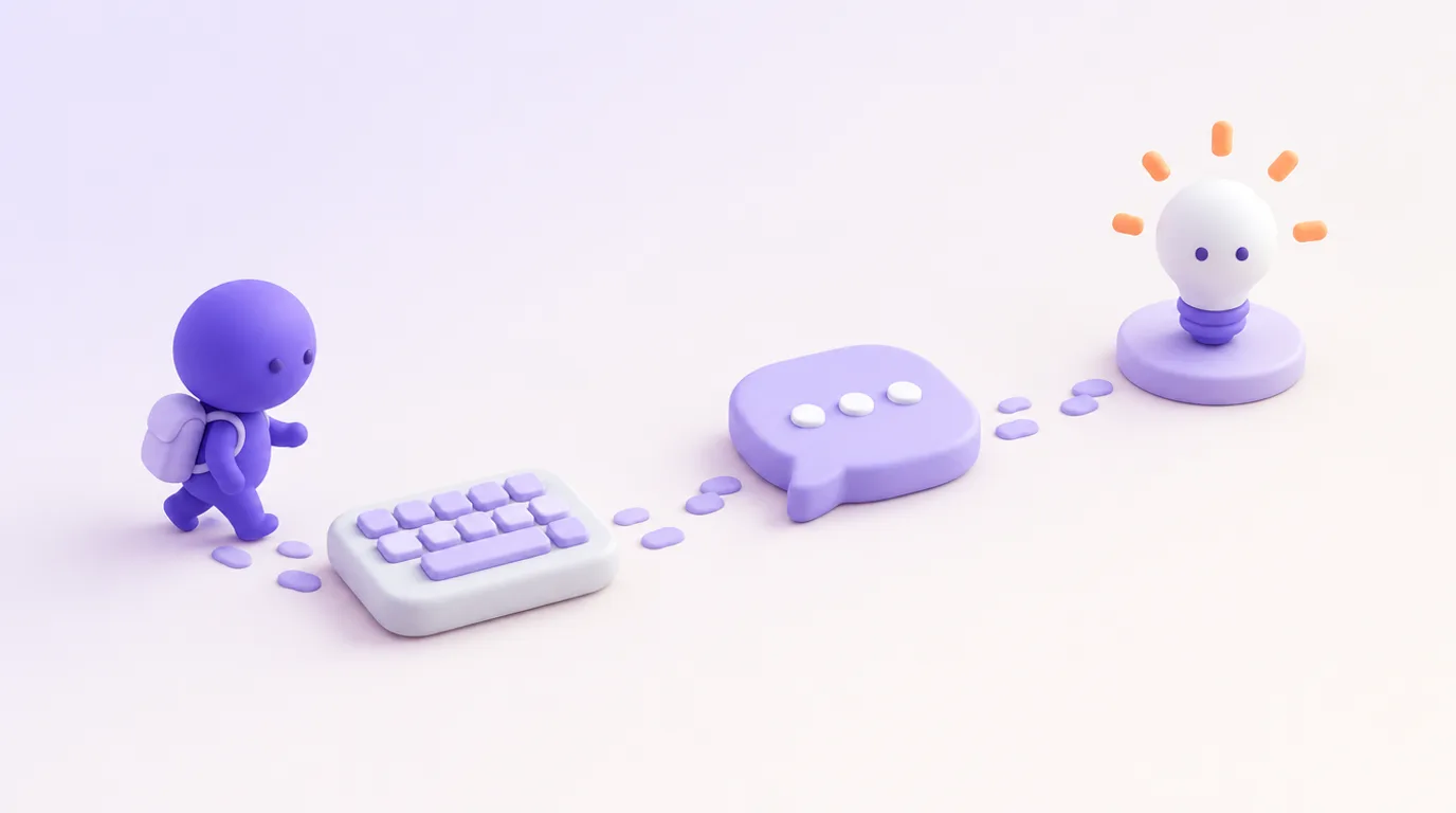 Utiliser ChatGPT pas à pas : un personnage suit un chemin de clavier, de bulle de discussion et d’ampoule