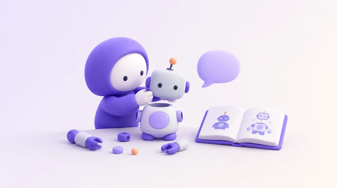 Créer un GPT personnalisé : un personnage assemble un petit robot avec une bulle et un livre de savoir