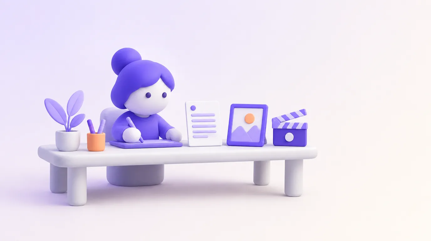 Créer du contenu avec l’IA : un créateur produit un texte, une image et une vidéo depuis son bureau