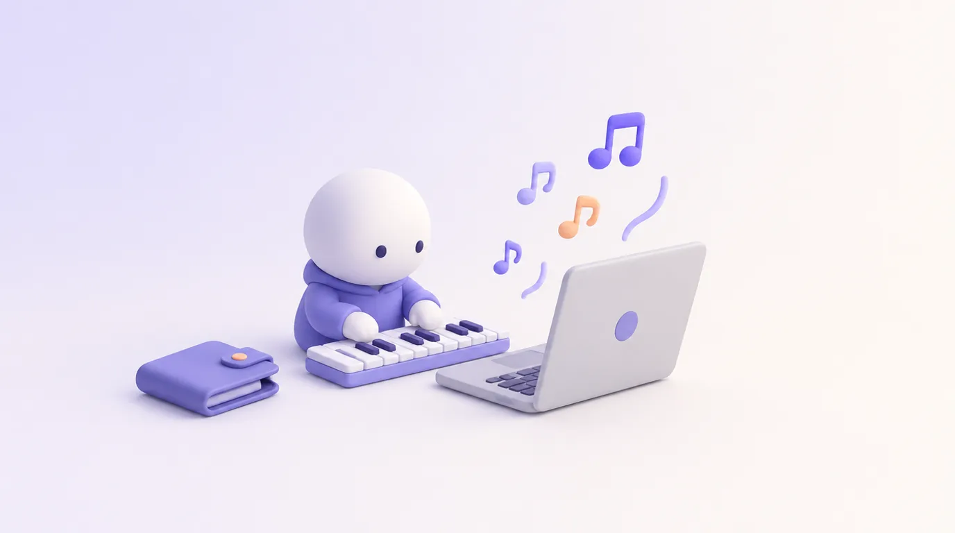 Créer de la musique avec l’IA gratuitement : des notes s’envolent de l’ordinateur, porte-monnaie fermé