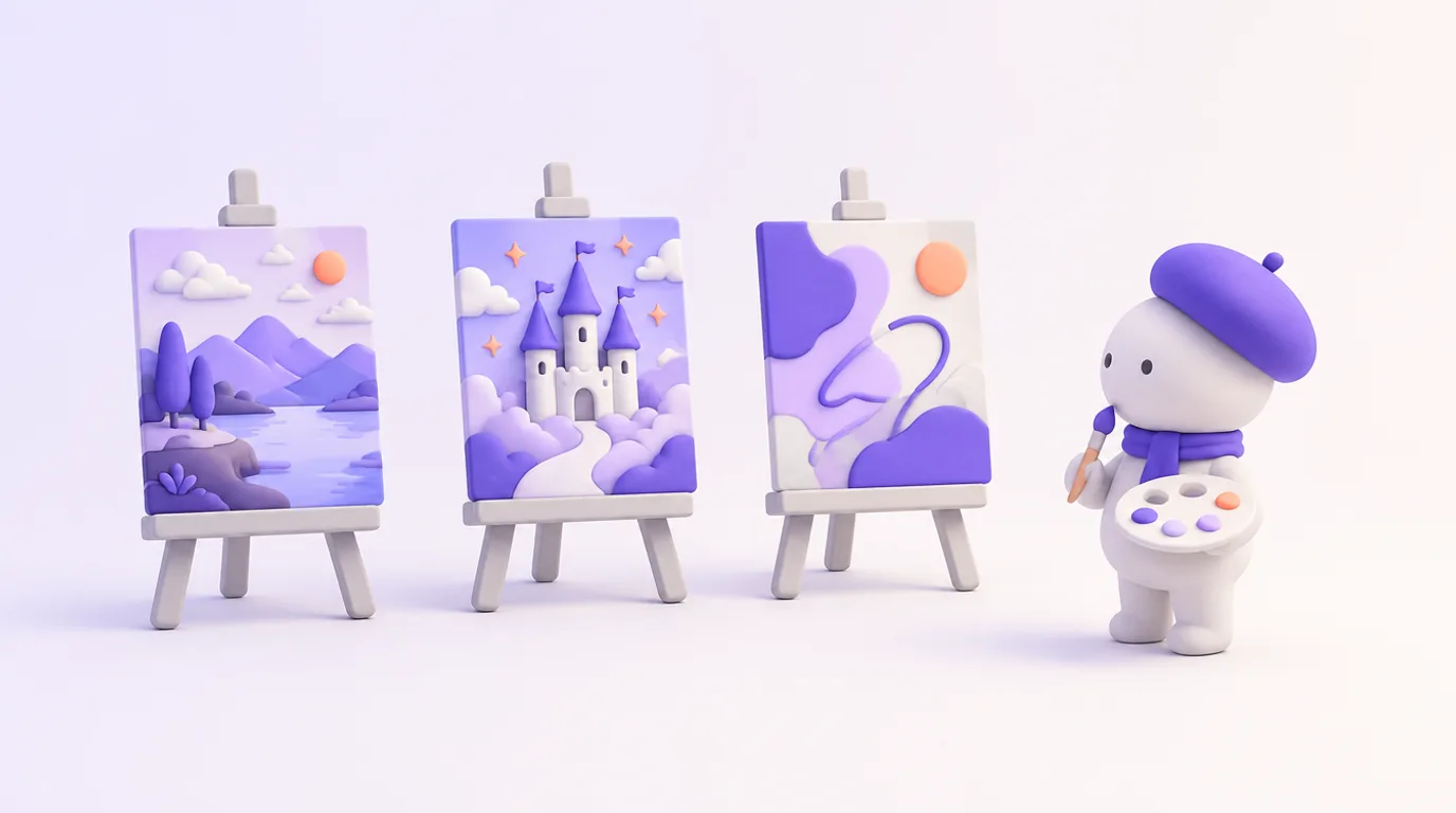 Comparatif des générateurs d’images : trois chevalets aux tableaux différents, un personnage juge