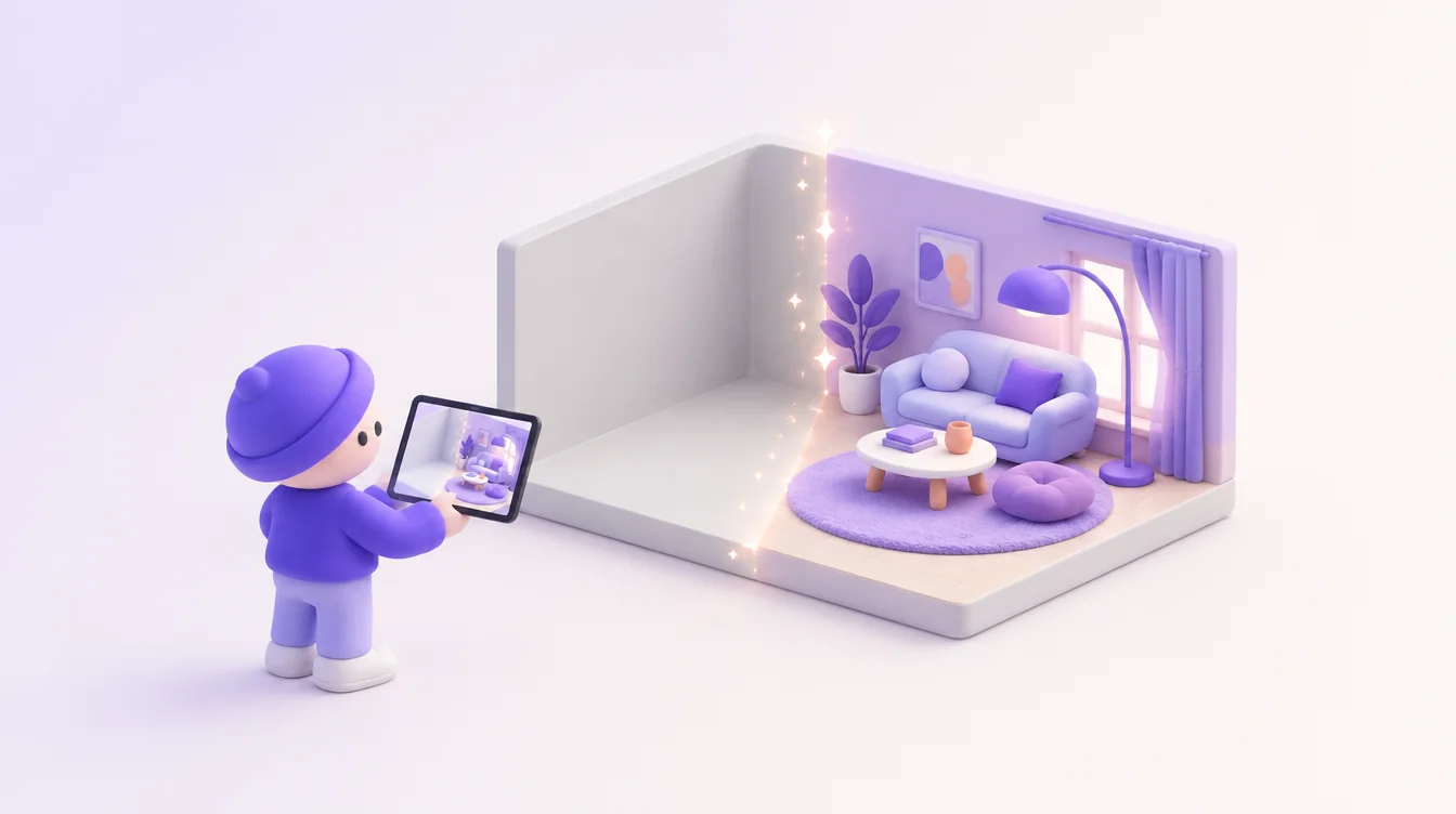 Déco IA gratuite : un petit personnage pointe sa tablette vers une maquette de salon, moitié nue, moitié décorée