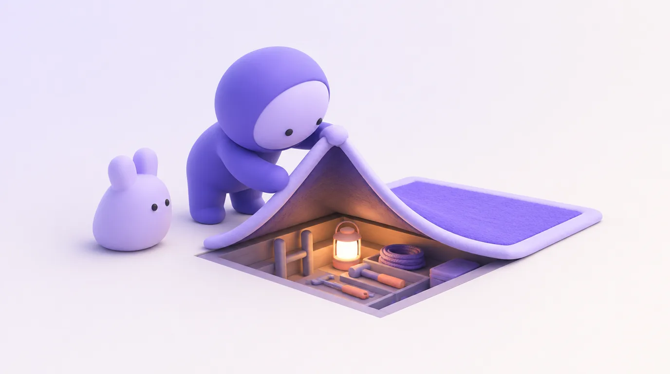 Fonctions cachées de Claude : un personnage soulève un tapis et découvre une trappe pleine d’outils