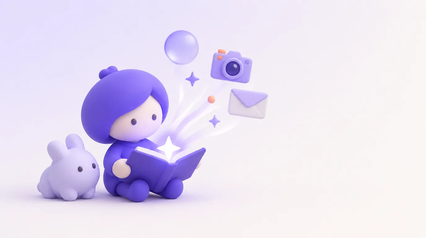 Débuter avec Gemini : un personnage ouvre un livre d’où sortent une bulle, un appareil photo et une enveloppe