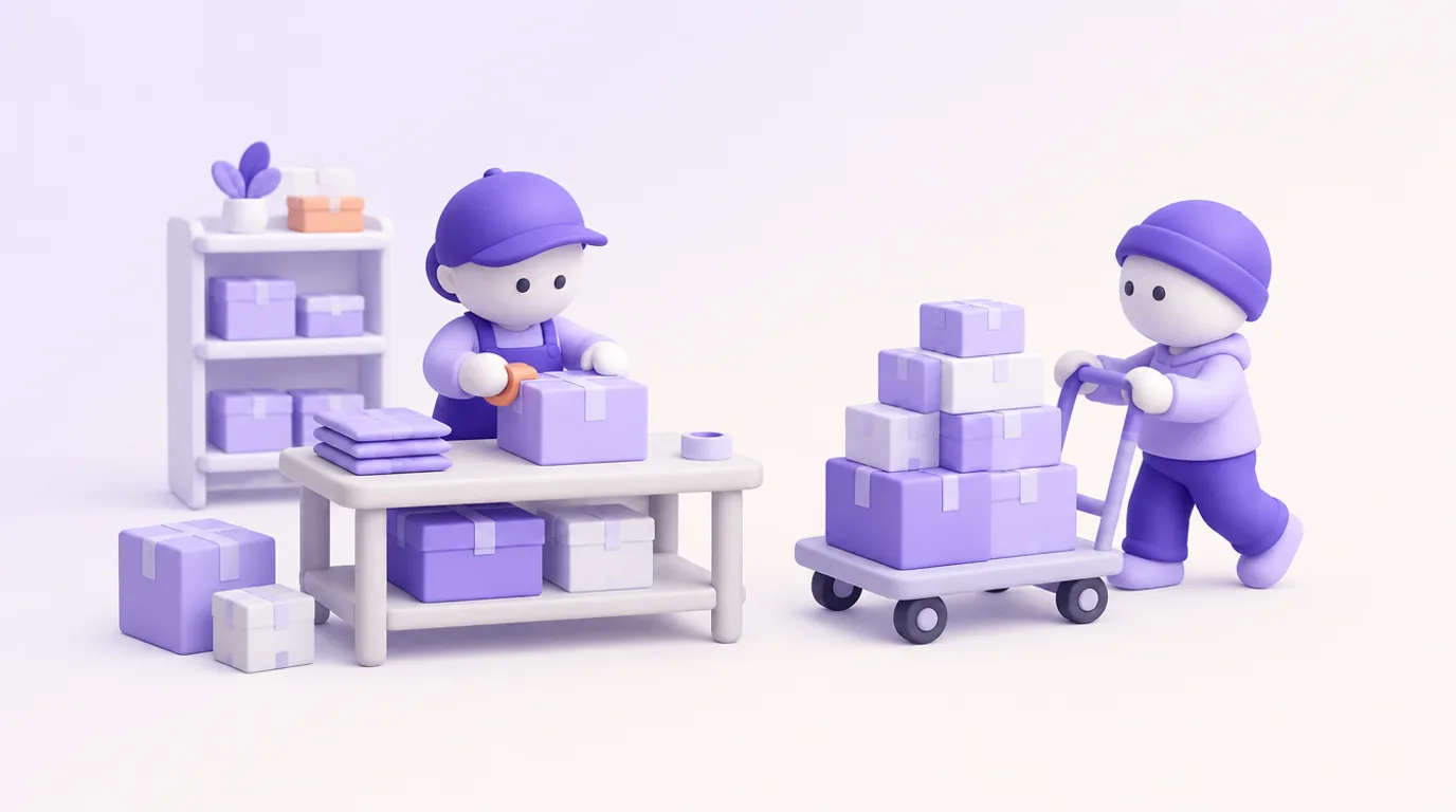 IA et e-commerce : un commerçant prépare des colis, l’assistant pousse un petit chariot de commandes