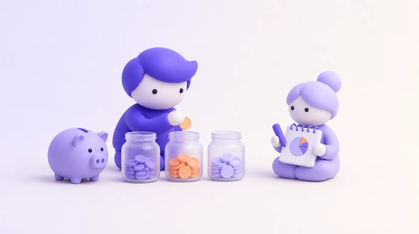 Gérer ses finances avec l’IA : un personnage répartit ses pièces en trois bocaux, une tirelire à côté