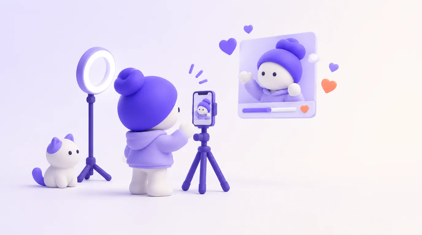 IA pour Instagram et TikTok : un personnage filme au téléphone sur trépied, des cœurs s’envolent