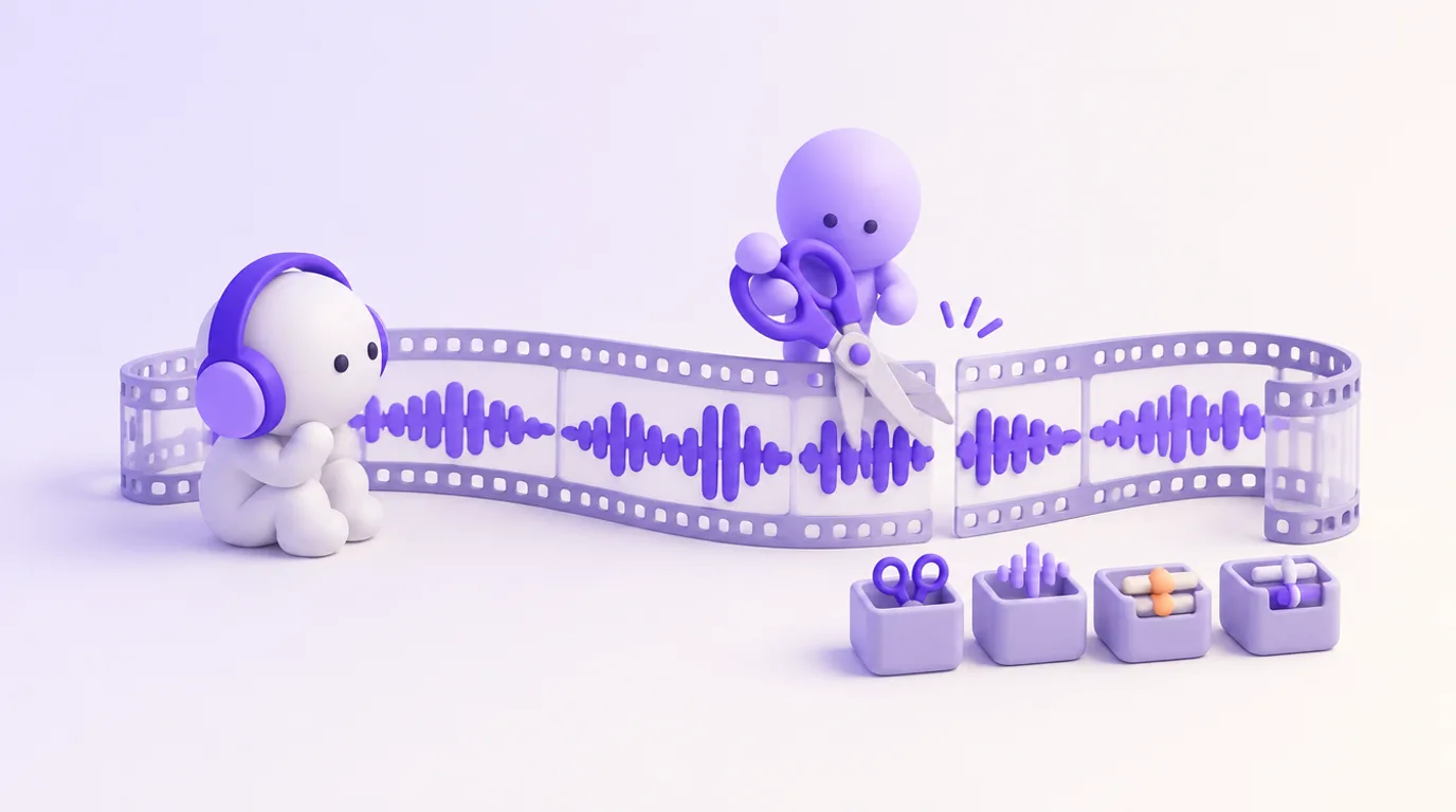 Montage de podcast par IA : des ciseaux coupent la forme d’onde, quatre boîtes à outils comparées