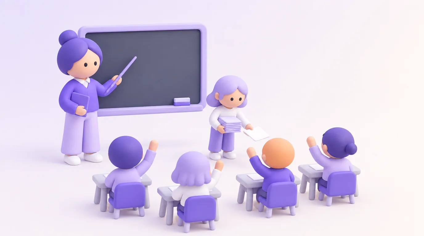 IA pour les professeurs : un enseignant au tableau, l’assistant distribue des fiches à la classe