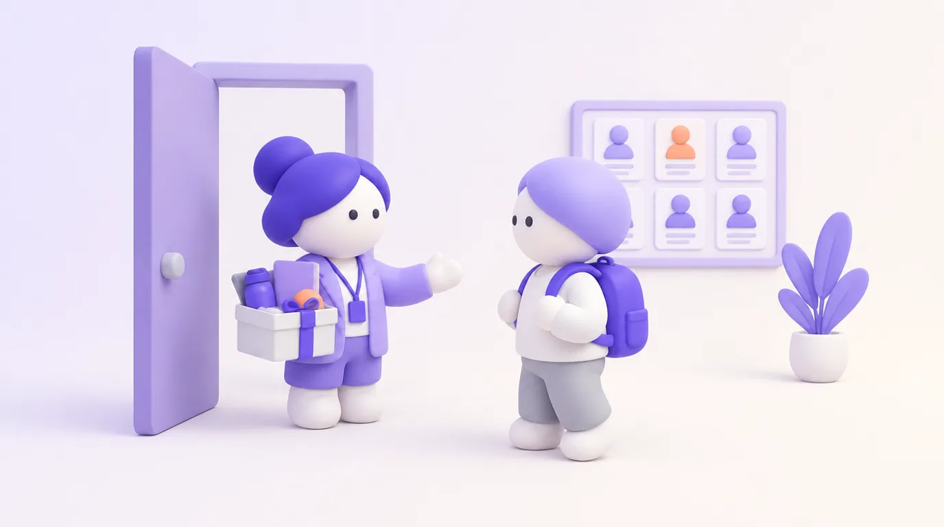 IA pour les RH : un recruteur accueille un nouvel arrivant avec un kit, des fiches de profil derrière