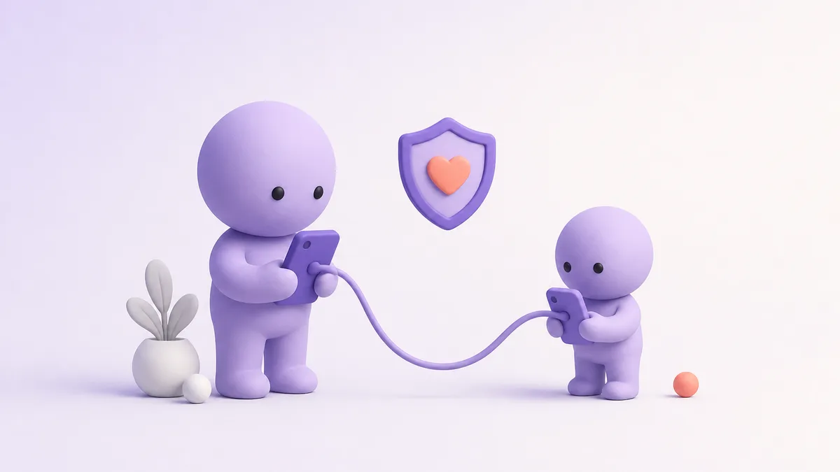 Lier le compte de son ado à ChatGPT : un cordon relie le téléphone du parent à celui de l’enfant, sous un bouclier