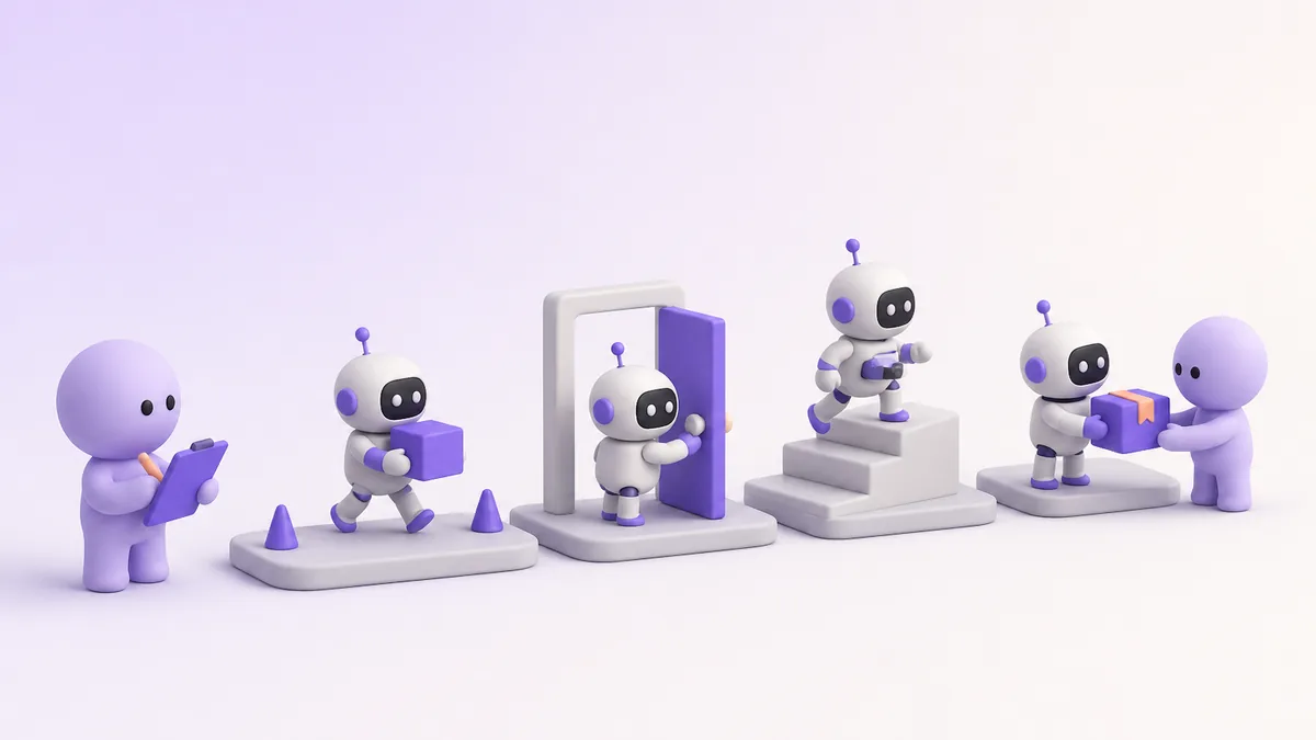 Comparer les agents IA : plusieurs robots passent un parcours en quatre épreuves, du travail en autonomie au résultat rendu