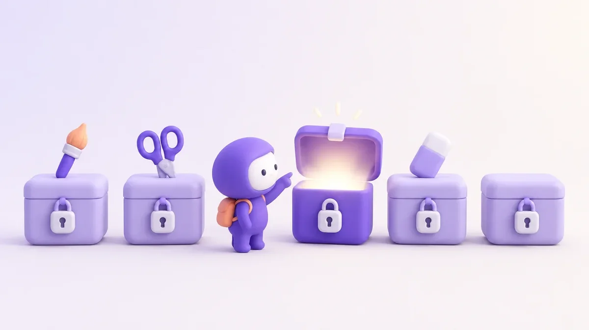 Ce qui n'est plus gratuit : le petit personnage montre la seule boîte à outils photo encore ouverte parmi des boîtes cadenassées