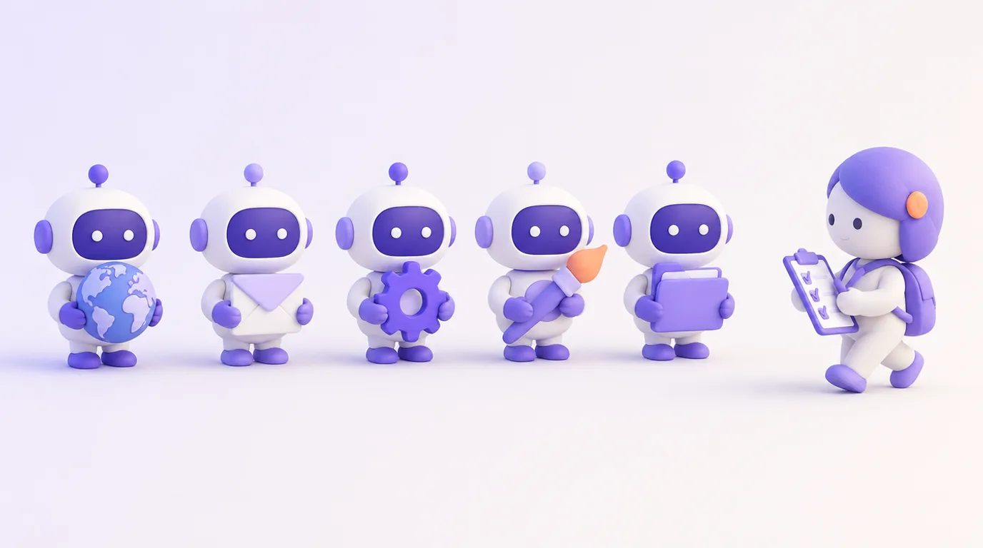 Meilleurs agents IA : cinq robots alignés avec chacun son outil, comparés liste en main