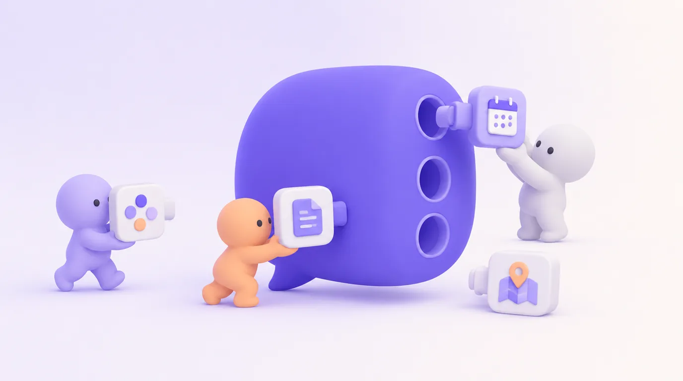 Plugins ChatGPT : des personnages branchent des applications sur une grande bulle de conversation
