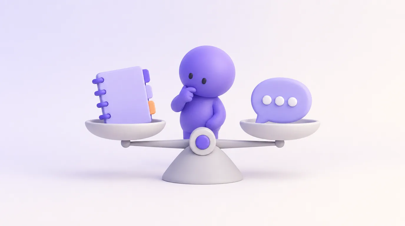 Notion AI ou ChatGPT : un carnet à onglets et une bulle de discussion pesés sur une balance