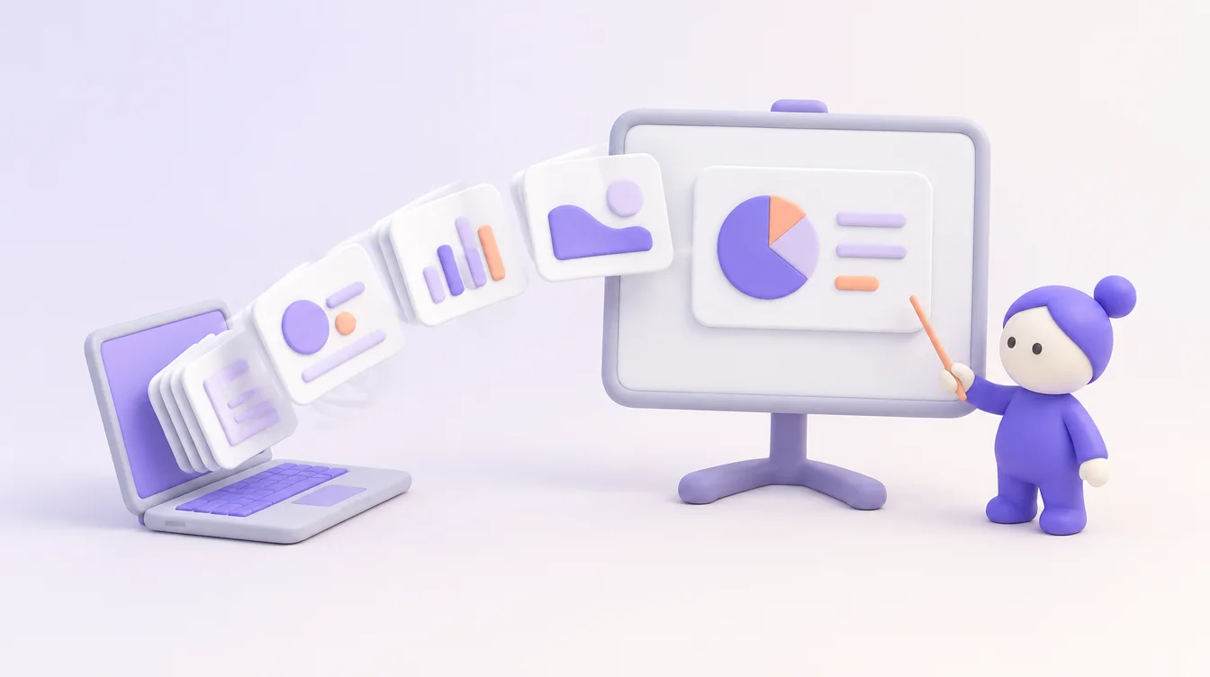 PowerPoint avec l'IA gratuitement : des diapositives s'envolent de l'ordinateur vers l'écran que montre un petit personnage