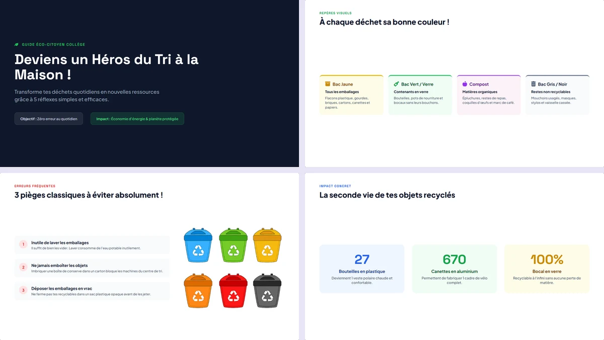 Les quatre premières diapositives créées par Gemini Canvas sur le tri des déchets, avec un compte gratuit