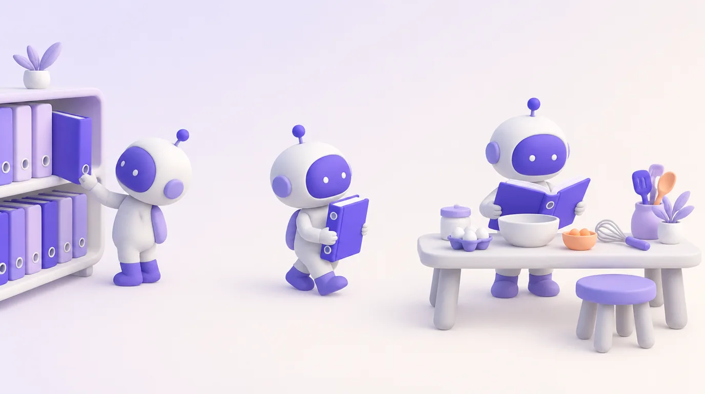 Skills de Claude Code : un petit robot prend un classeur de procédure sur l’étagère et le suit à l’établi