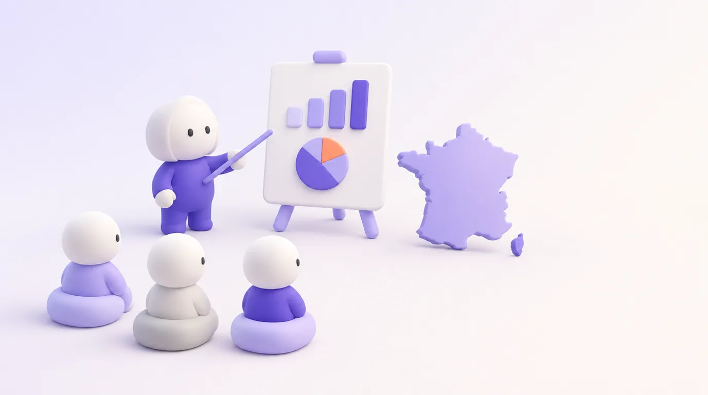 Statistiques de l’IA en France : un personnage présente des graphiques, une carte de France à côté