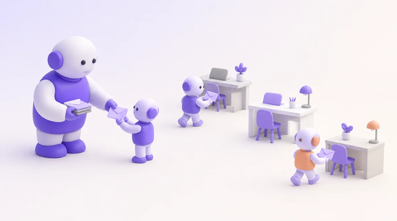 Subagents de Claude Code : un robot confie trois missions à trois petits robots qui partent travailler
