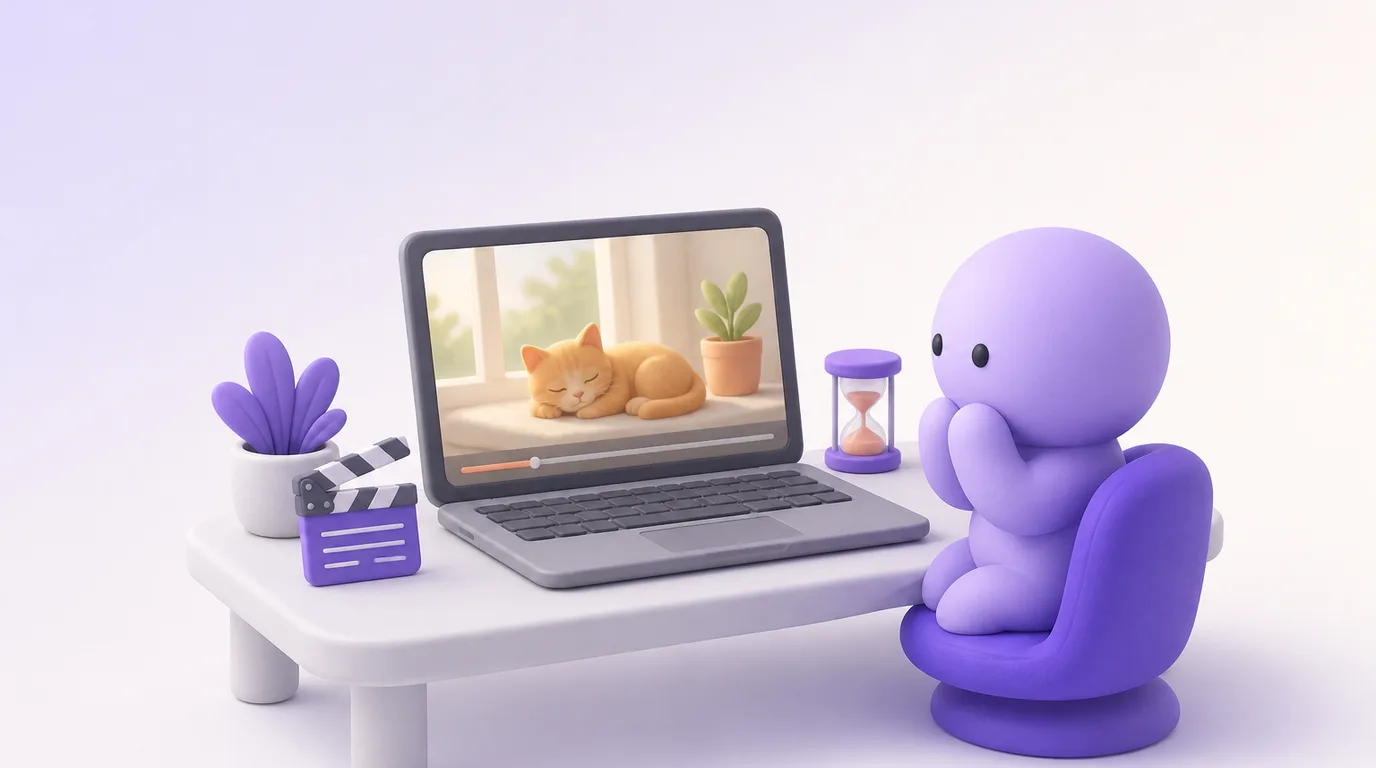 Vidéo IA gratuite : un petit personnage regarde sur son ordinateur le clip d'un chat roux endormi au soleil