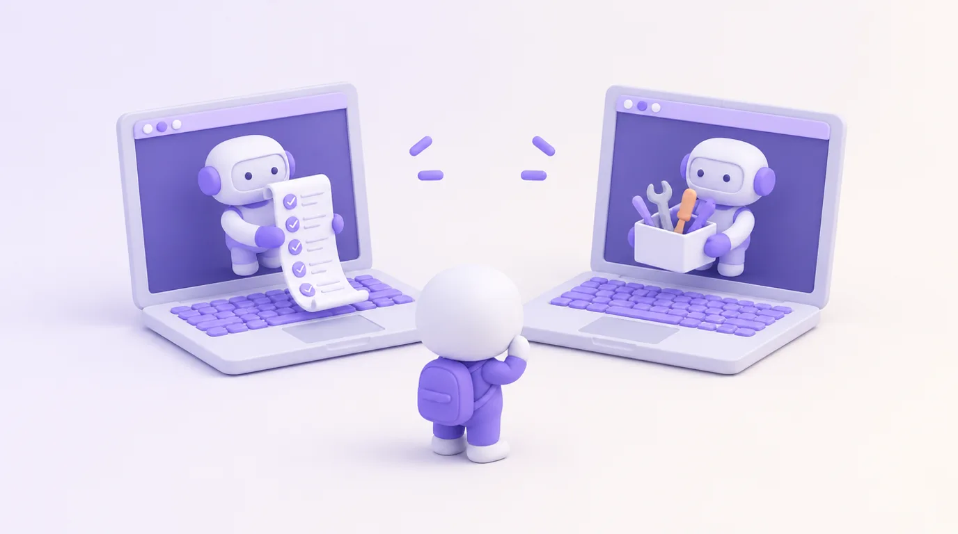 Claude Code ou Codex CLI : deux terminaux face à face, un petit robot dans chacun, liste en main ou boîte à outils