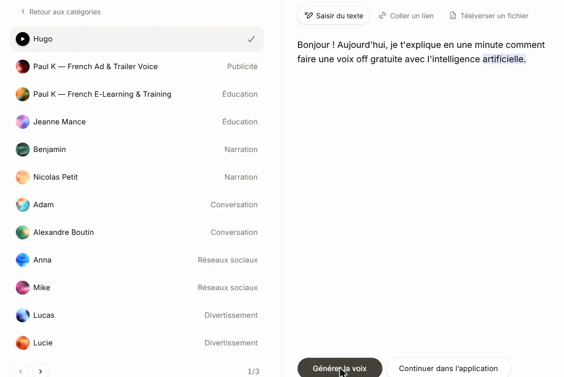 ElevenLabs, voix IA gratuite : la démo lit notre phrase avec la voix française Hugo, sans compte